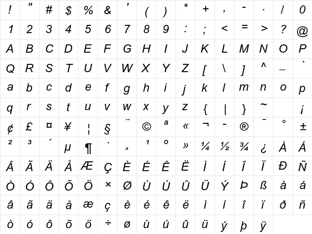 Arial MT Std Italic  glyph index