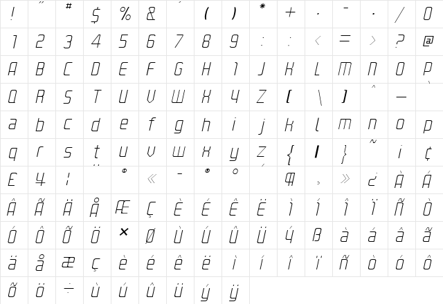 Kanal UltraLight Italic  glyph index