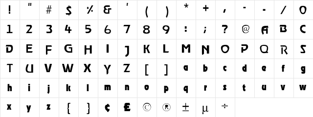 RoostLight Regular  glyph index