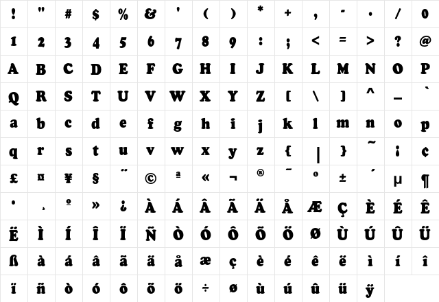 CooperBlackEF-BoldCondensed Regular  glyph index