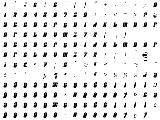 GlazeCondensed Italic  glyph index