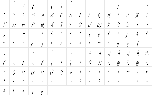 pauline script Regular  glyph index