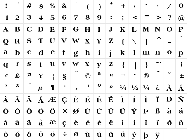 Americana Extra Bold  glyph index