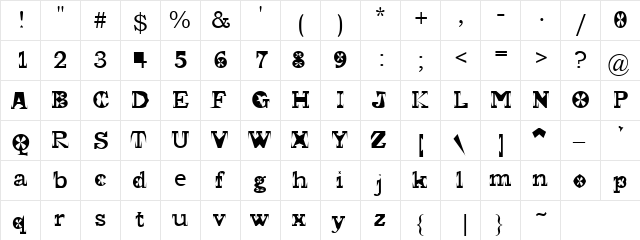 Clown Regular  glyph index