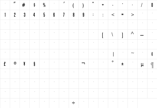 BlockGothicMediumExtraCondTab Roman  glyph index