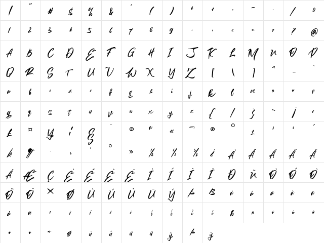 Aliva Brush Script Regular  glyph index