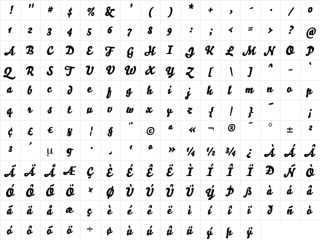 Bello-Script Regular  glyph index