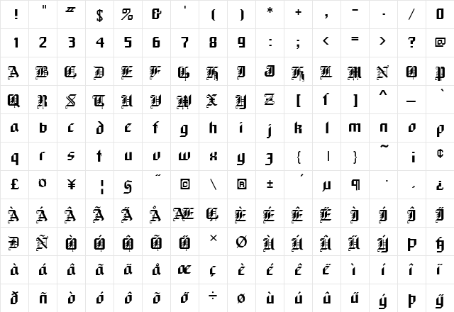 Black Forest Regular  glyph index