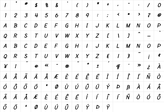 SF Cartoonist Hand SC Bold Italic  glyph index