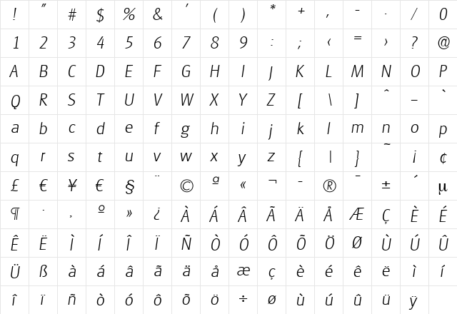 RichardBecker-ExtraLight Italic  glyph index
