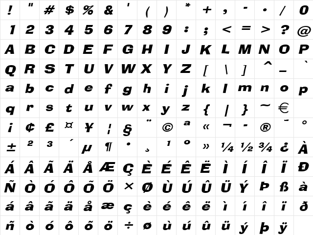 AlorWide Italic  glyph index