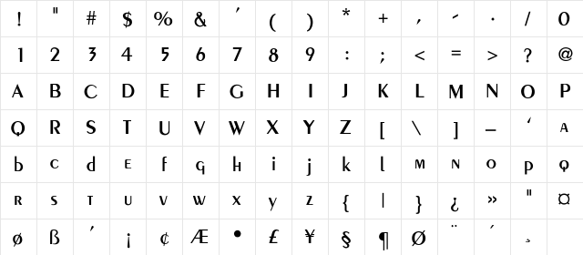 Larwell-Thin Regular  glyph index