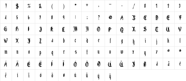Grabstein Gotik Regular  glyph index
