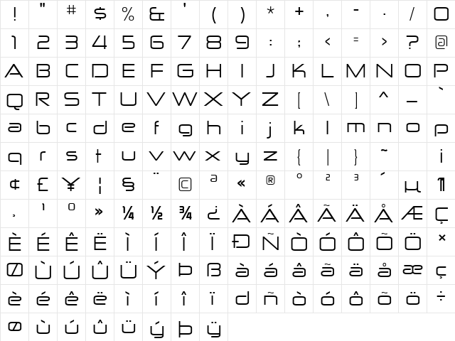 Zekton Ex Regular  glyph index