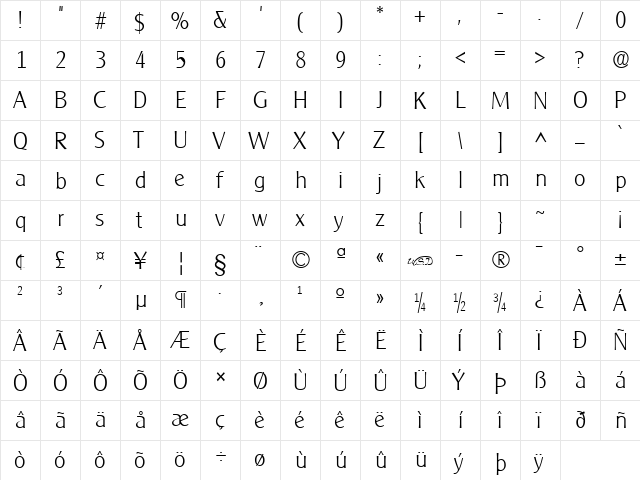 Clearly Gothic Light Regular  glyph index
