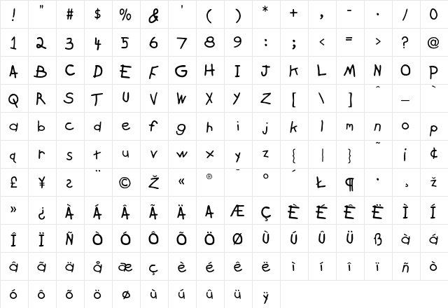 Kidprint Regular  glyph index