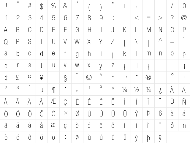 Helvetica Neue LT Pro 37 Thin Condensed  glyph index