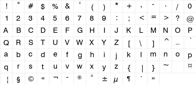 Swis721Cyrillic BT Roman  glyph index