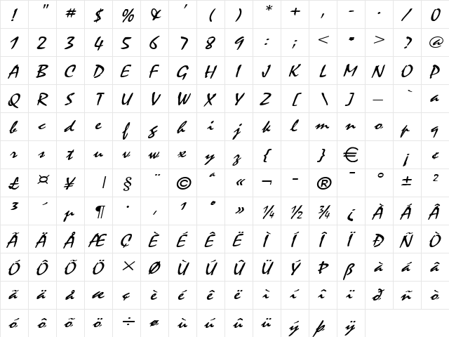 MysticWide Italic  glyph index