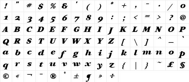 Artemius SN Black TT Regular Italic  glyph index