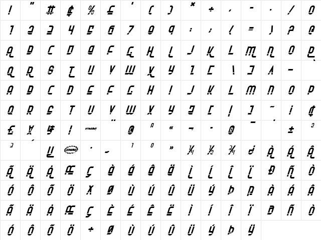Ro'Ki'Kier Laser Italic Italic  glyph index