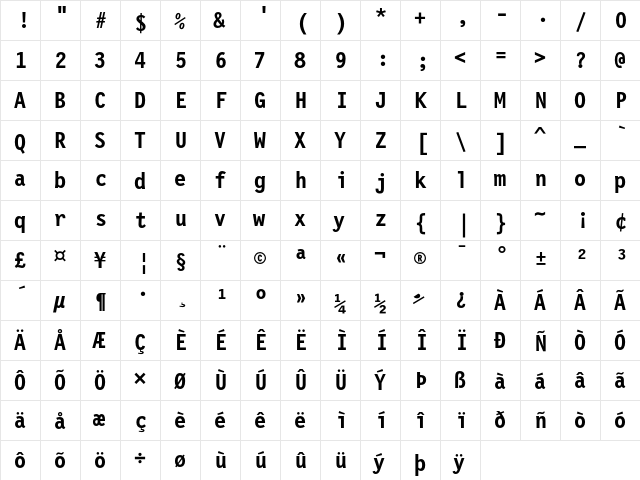 Letter Gothic 12 Pitch Bold  glyph index