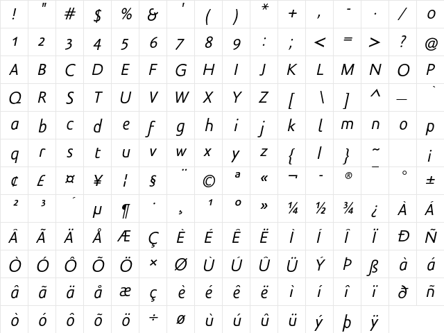 Legal LT Std Book Italic  glyph index