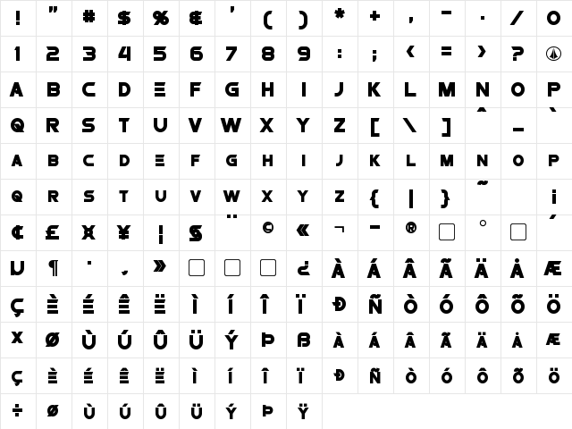 Protoculture Bold  glyph index