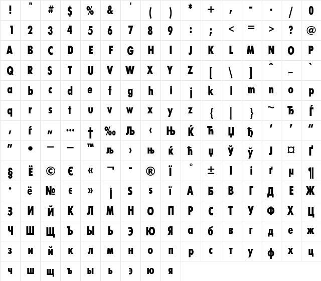 FuturaFuturisXCondC Regular  glyph index