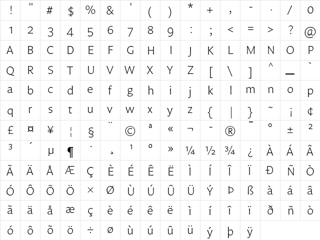 Legato Light  glyph index