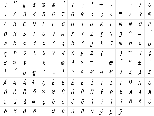 LetterGothicSlanted BoldItalic  glyph index