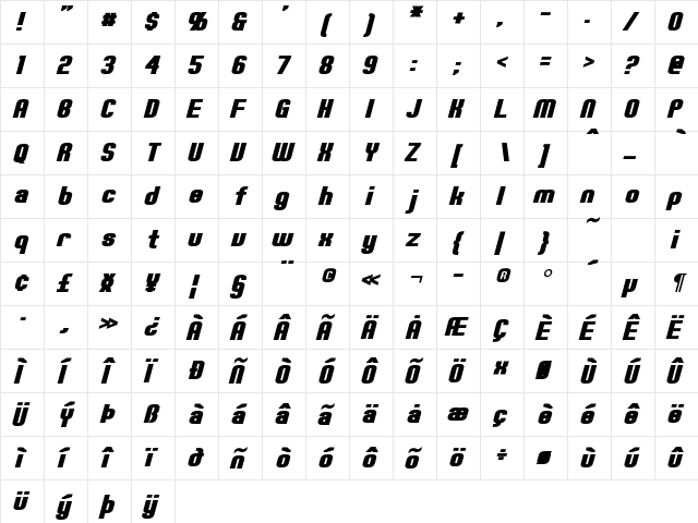 Erte Bold Italic  glyph index