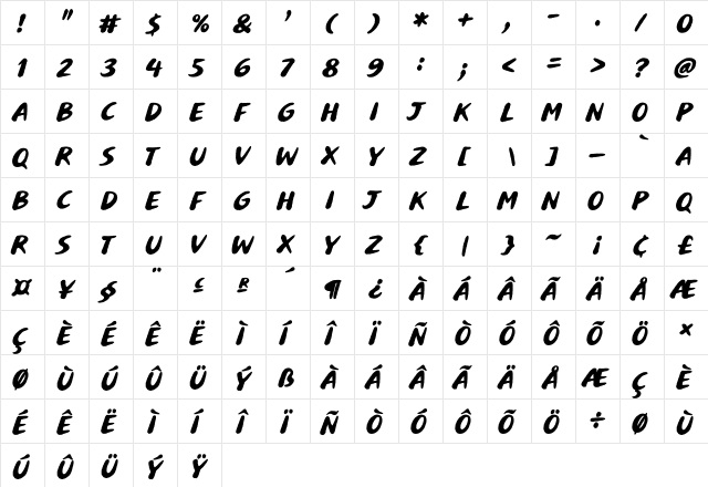 Buvard Regular  glyph index