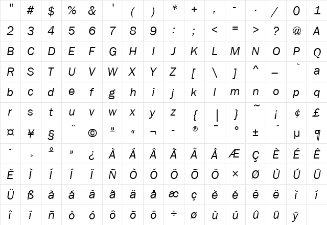 FranklinGotITC Italic  glyph index