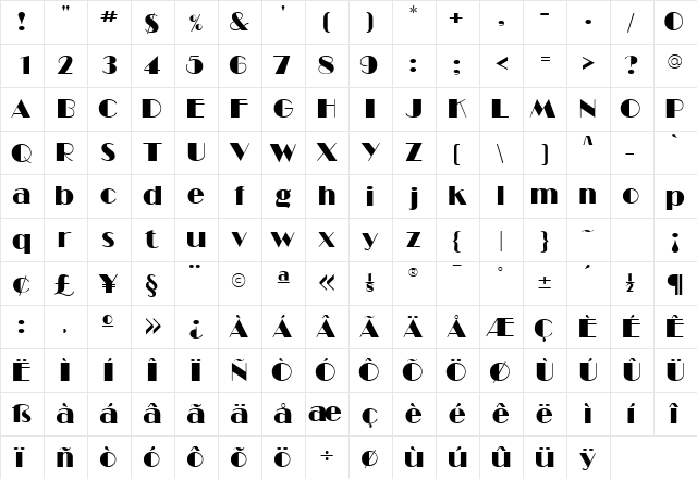 BarbeDisplaySSK Regular  glyph index