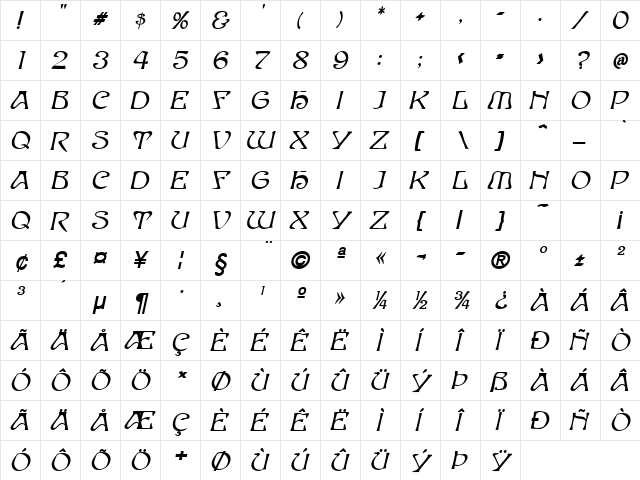 Elves Bold Italic  glyph index