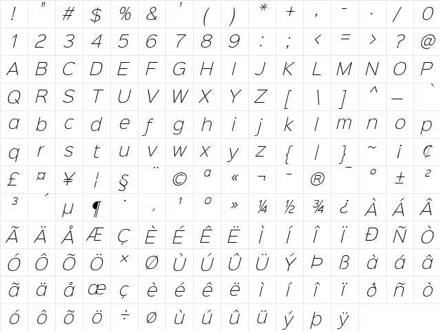 Sinkin Sans 200 X Light Italic 200 X Light Italic  glyph index