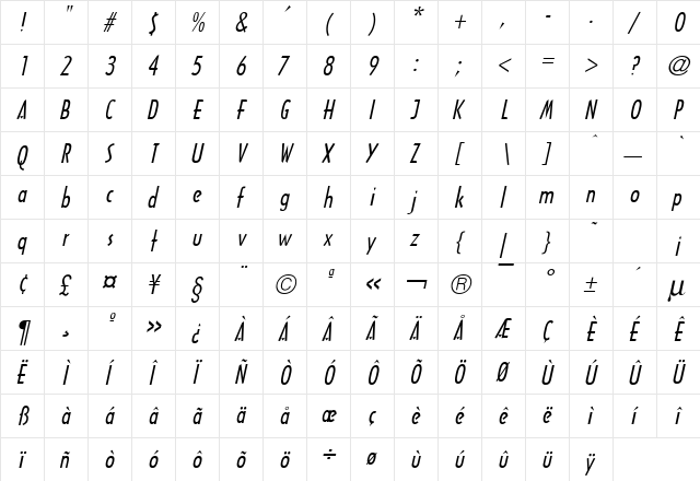 Tech Italic  glyph index