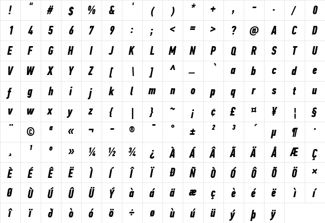 PF Din Text Comp Pro Bold Italic  glyph index