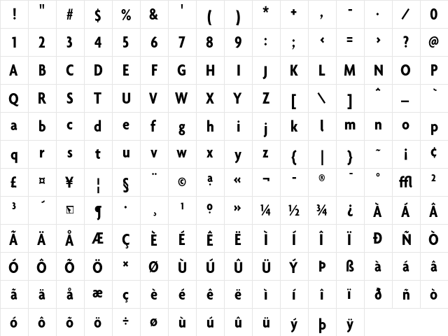 Agenda BoldCondensed  glyph index