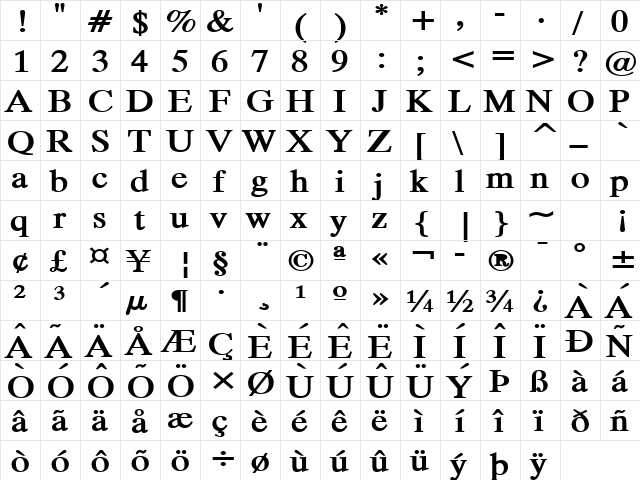 Duke Extended Bold  glyph index