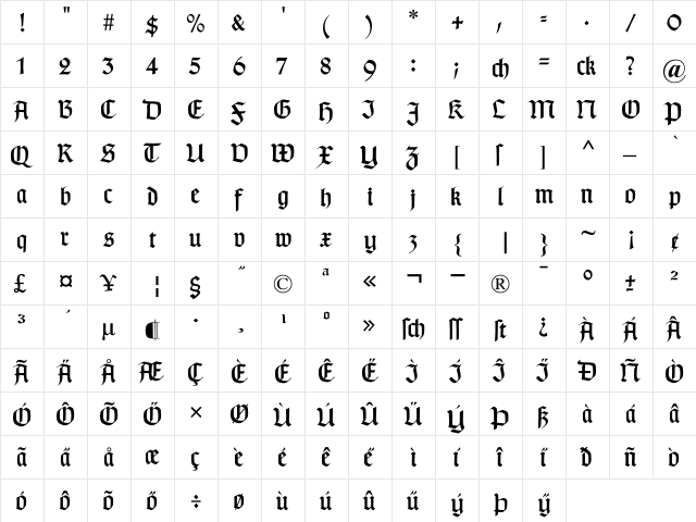 TypographerGotisch B Regular  glyph index