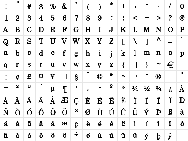 NewBostonWide Bold  glyph index
