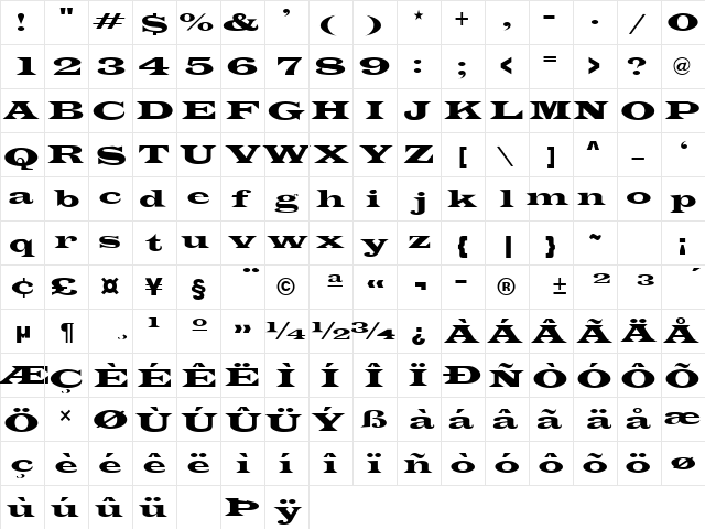 TransverseLightSSK Regular  glyph index