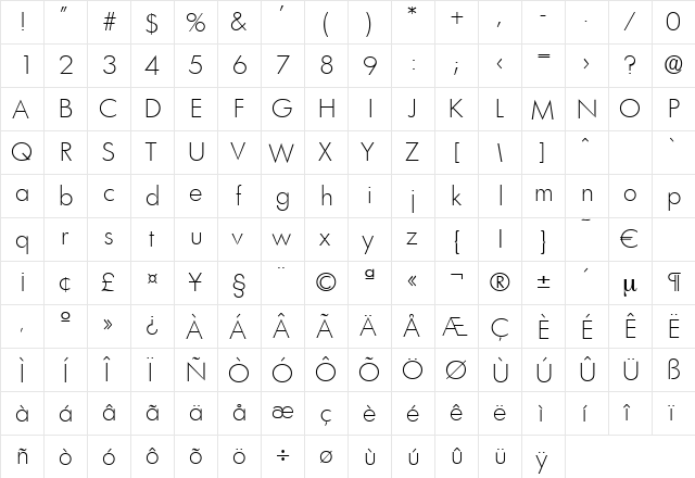 Limerick-Xlight Regular  glyph index