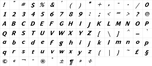 ArtemiusSans TT Bold Italic  glyph index