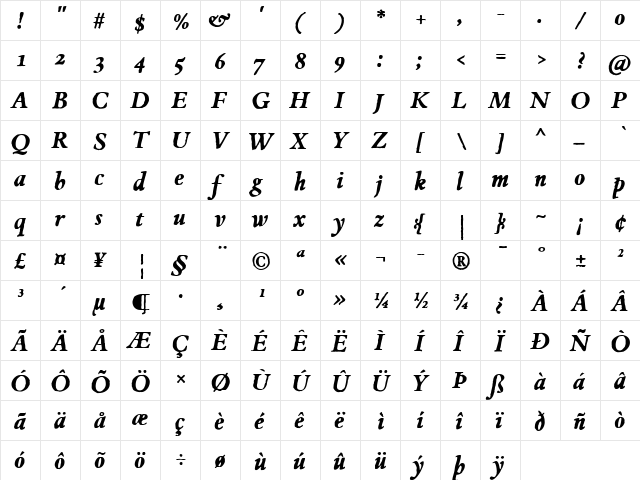 JMH Espinosa Bold Italic  glyph index