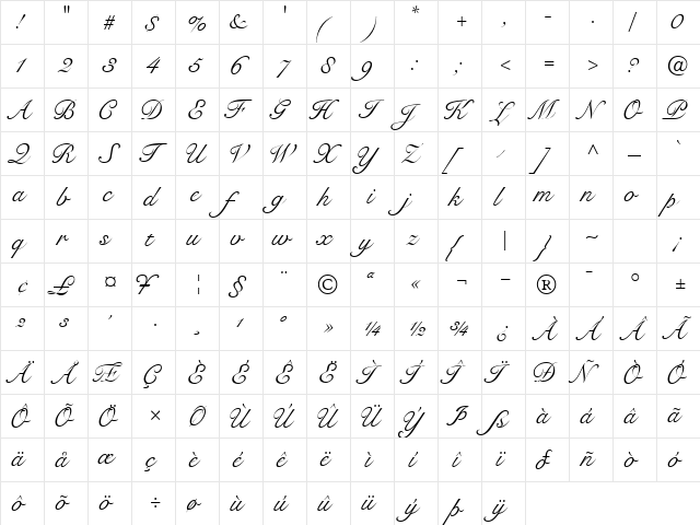 TangoScriptSSK Regular  glyph index
