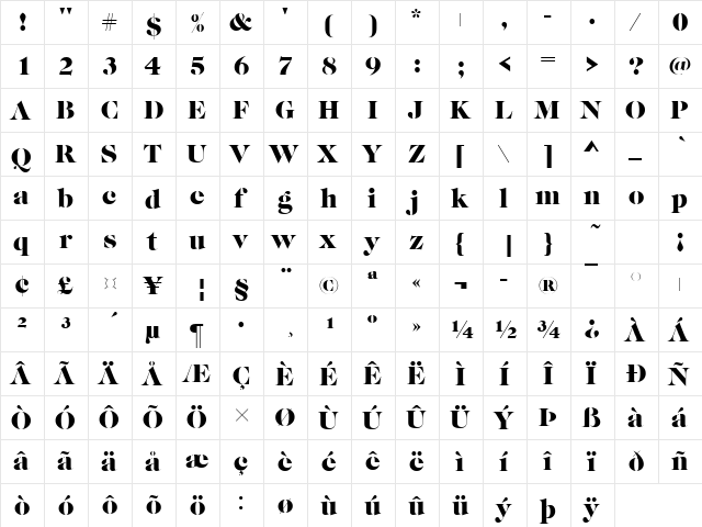 Caslon Becker Graphique Regular  glyph index