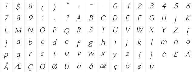 Enzia Light Italic  glyph index
